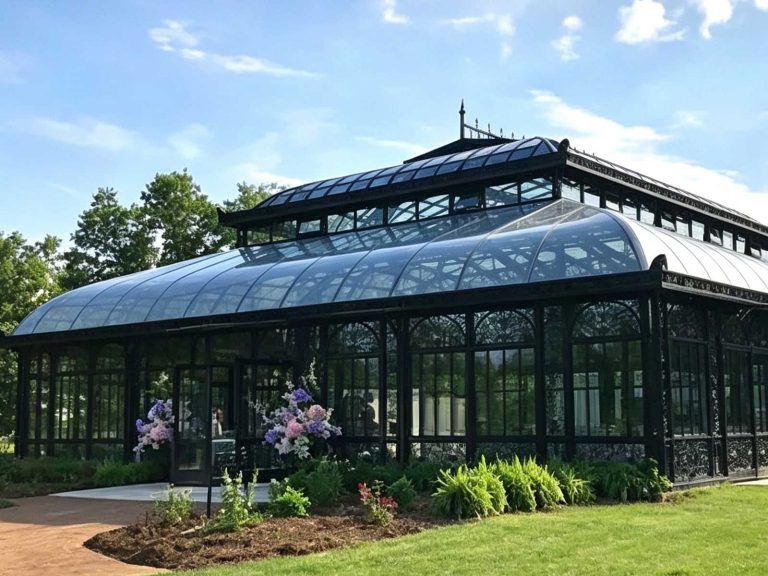 European vintage black curved steel glass wedding greenhouse exterior with green lawn and garden landscape